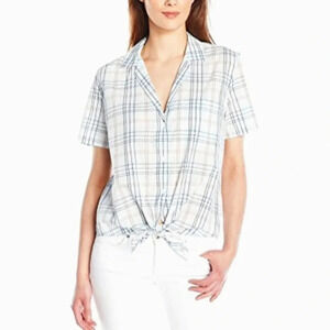 Equipment Kiera Tie Front Button Up Plaid Blouse Lightweight Cotton Large